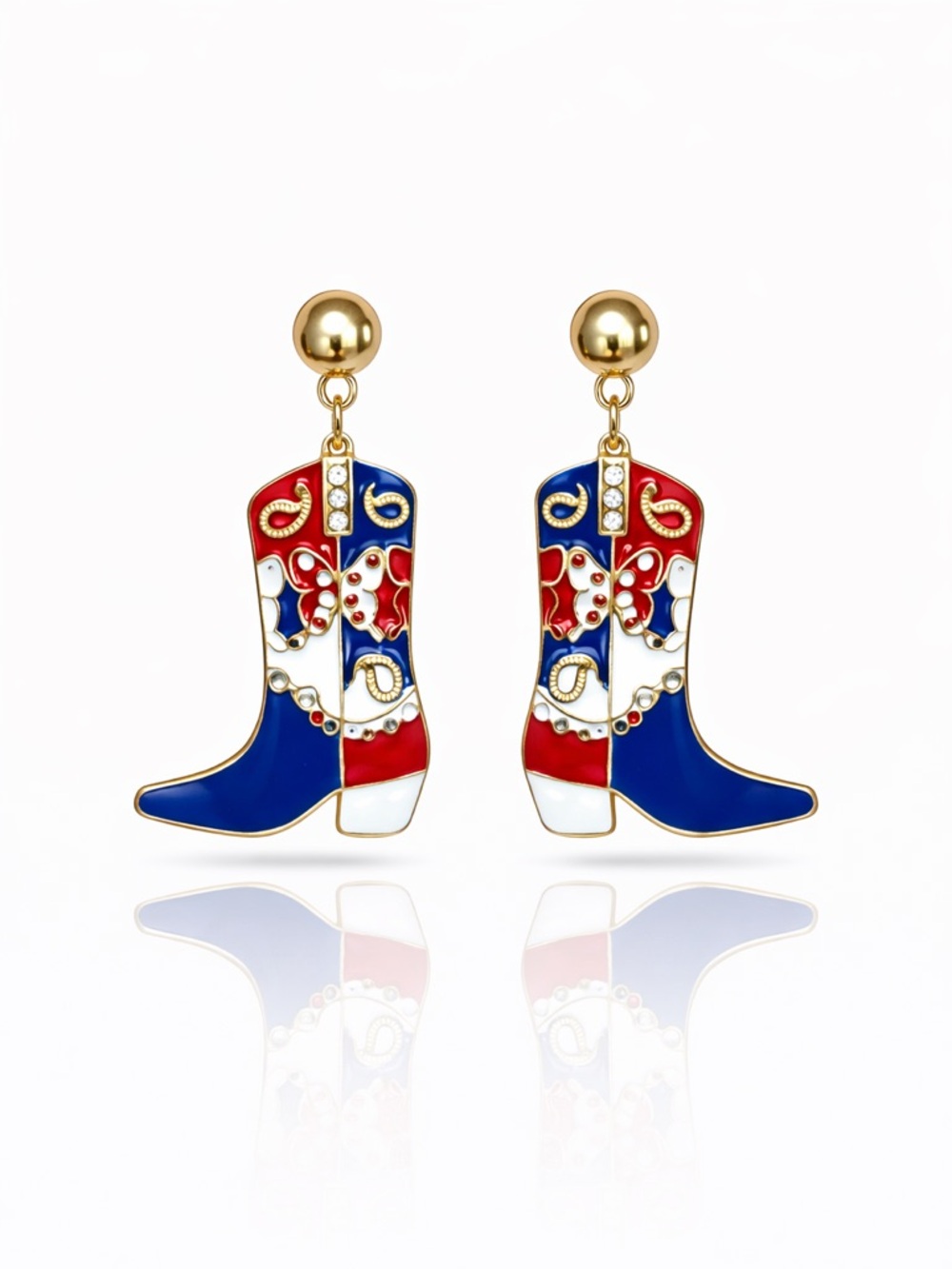 Gold Red, White & Blue Cowgirl Boot Drop Earrings